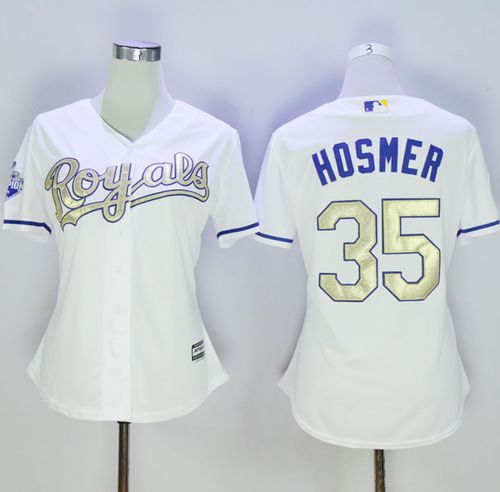 Royals #35 Eric Hosmer White 2015 World Series Champions Gold Program Cool Base Women's Stitched MLB Jersey - Click Image to Close